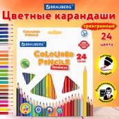 Карандаши цветные BRAUBERG PREMIUM, 24 цвета, пластиковые, трехгранные, грифель 3 мм, 181663