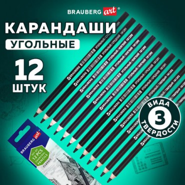 Карандаши (НАБОР 12 штук) угольные BRAUBERG ART CLASSIC, (МЯГКИЙ, СРЕДНИЙ, ТВЕРДЫЙ), 181293