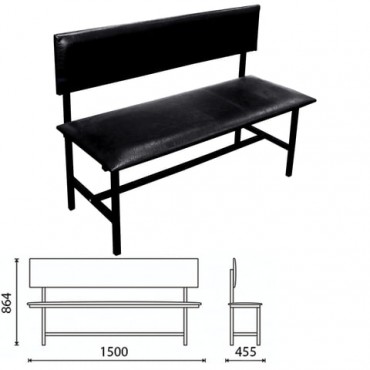 Банкетка со спинкой "Берта" 1500х455х864 мм, усиленная, черный каркас, кожзам черный