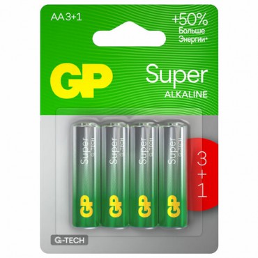 Батарейки КОМПЛЕКТ 4 шт., GP Super, AA (LR6,15А), алкалиновые, пальчиковые, ПРОМО 3+1, 15A3/1-2CR4