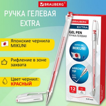 Ручка гелевая BRAUBERG "EXTRA", КРАСНАЯ, корпус прозрачный, узел 0,5 мм, линия 0,35 мм, 143903