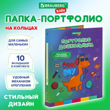 Папка-портфолио дошкольника "ДИНОЗАВР", 4 кольца, 20 файлов, 10 вкладышей, 7БЦ матовая, BRAUBERG KIDS, 115238